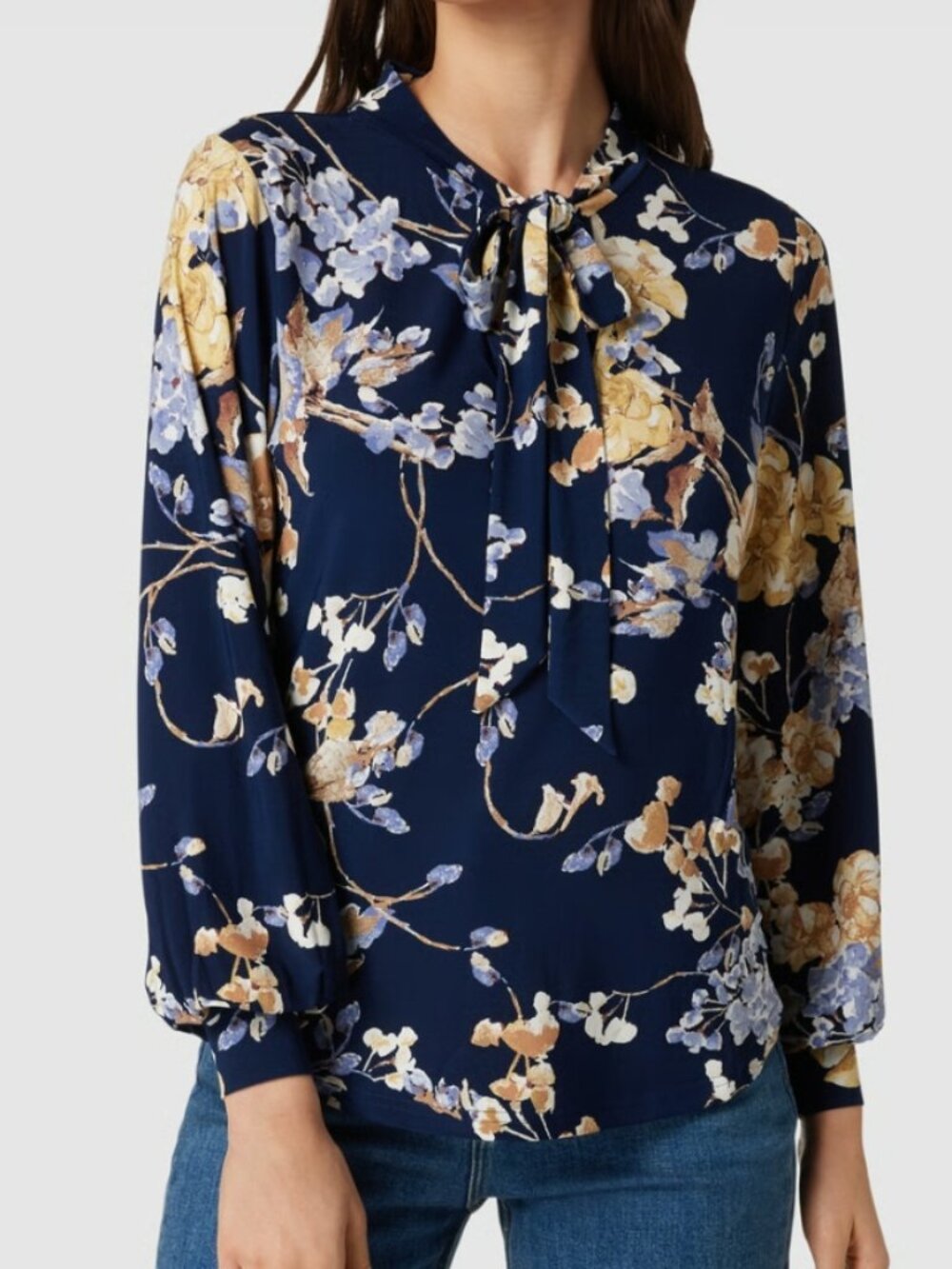 Lauren Ralph Lauren Floral Tie-Neck Stretch Jersey Top Size Medium
